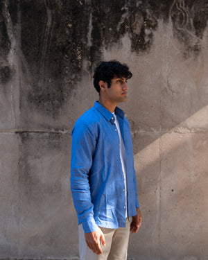 Blue Slim Fit Casual Hemp Shirt