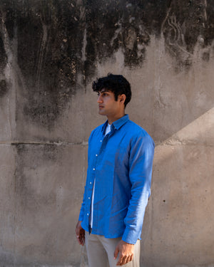 Blue Slim Fit Casual Hemp Shirt