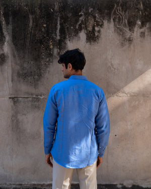 Blue Slim Fit Casual Hemp Shirt